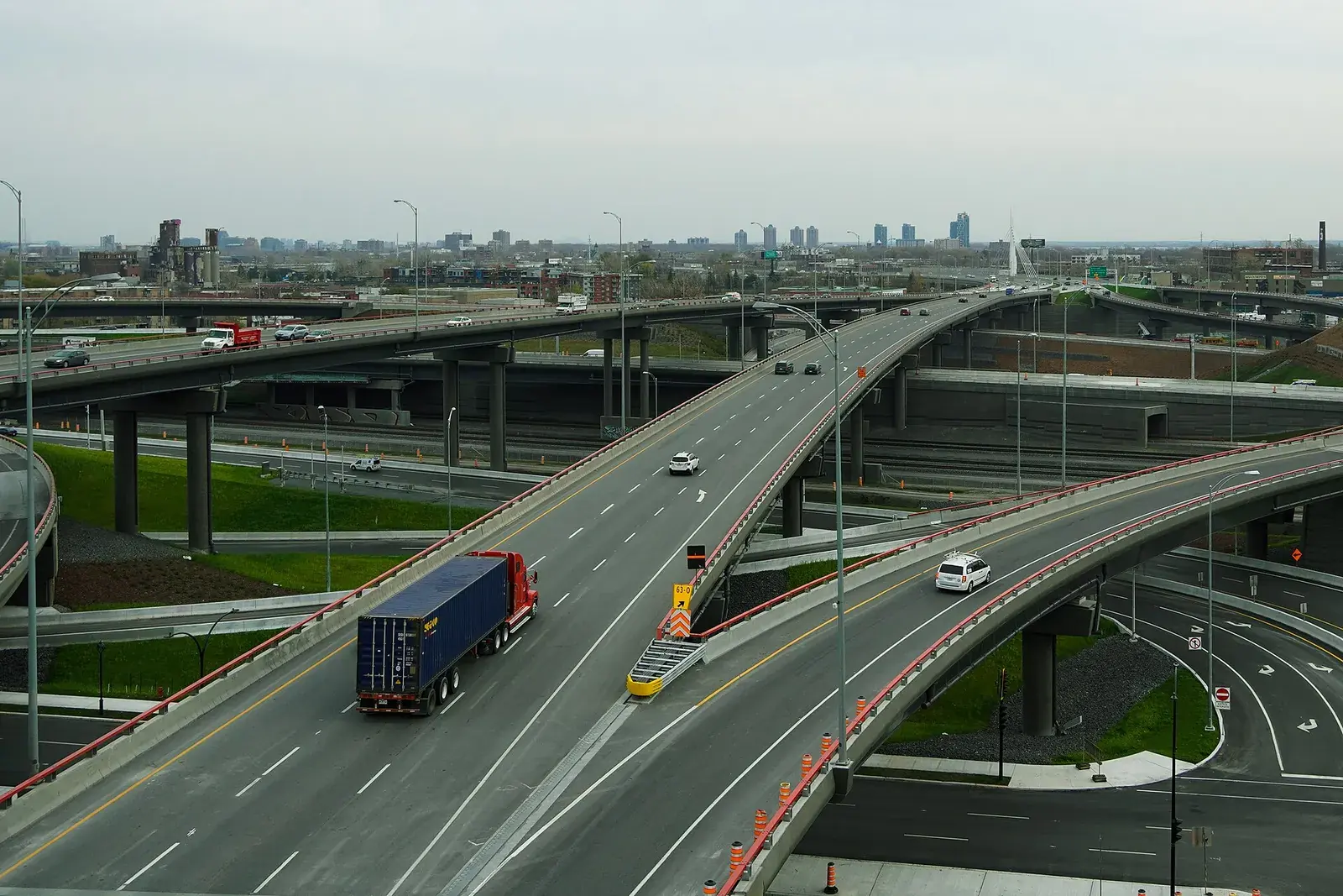 Trucks and cars on a large highway interchange